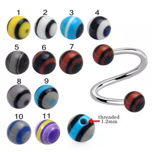 316L Surgical Steel Eyebrow Twisted Barbell With Fancy Stripes UV Balls