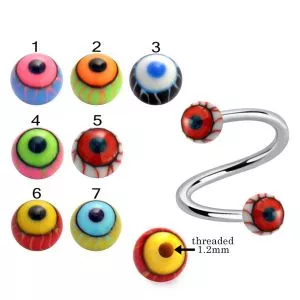 316L Surgical Steel Eyebrow Twisted Barbell With Colorful Eye Ball Design UV Balls