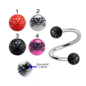 316L Surgical Steel Eyebrow Twisted Barbell With Hand Painted Skull Design UV Balls