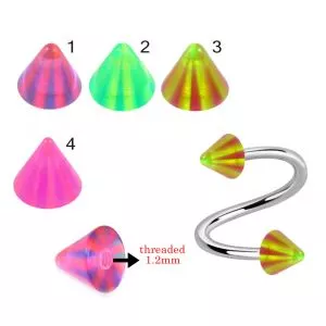 316L Surgical Steel Eyebrow Twisted Barbell With Multi Stripe Fancy UV Cones