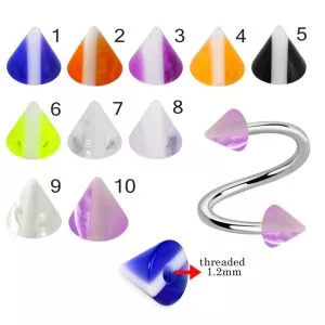316L Surgical Steel Eyebrow Twisted Barbell With White Stripe on Colorful UV Cones