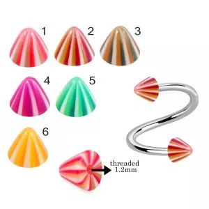 316L Surgical Steel Eyebrow Twisted Barbell With Multi Colorful Stripes UV Cones