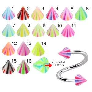 316L Surgical Steel Eyebrow Twisted Barbell With Double Color Multi Stripe UV Cones