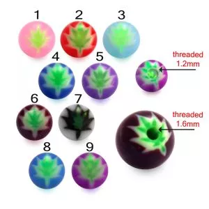 Mixed Color UV Fancy Merijuana Leafs Print Lip Chin Piercing Balls