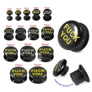 Black UV Internal Fuck You Logo With Screw Fit Ear Tunnel