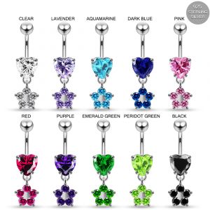925 Sterling Silver Dangling CZ Floral and Heart Belly ring