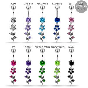 925 Sterling Silver Dangling CZ Flower and Leaf Navel ring