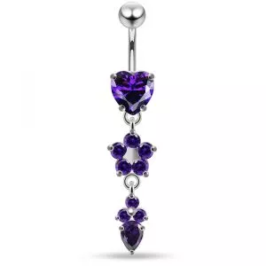 925 Sterling Silver CZ Dangling Flower and Teardrop Belly button ring