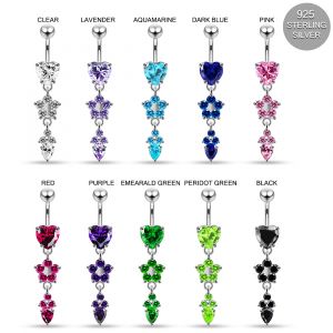 925 Sterling Silver CZ Dangling Flower and Teardrop Belly button ring