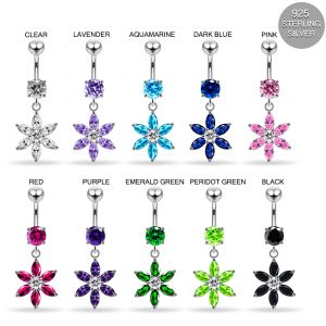 925 Sterling Silver CZ Floral Belly button Ring