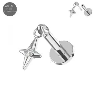 G23 Titanium Dangling Star CZ Threadless Pin Tragus Top with Labret