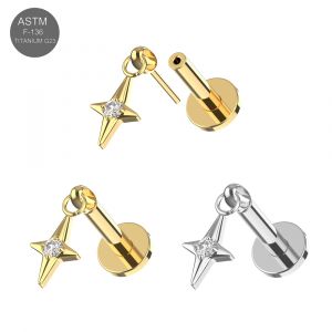 G23 Titanium Dangling Star CZ Threadless Pin Tragus Top with Labret