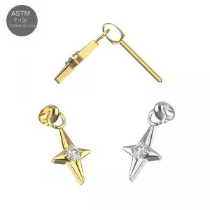 G23 Titanium Dangling Star CZ Threadless Pin Top