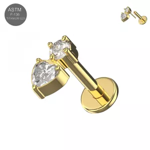 Implant Grade Titanium Heart & Round CZ Threadless Pin Tragus Top with Labret