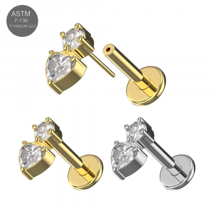 Implant Grade Titanium Heart & Round CZ Threadless Pin Tragus Top with Labret