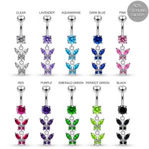925 Sterling Silver CZ Double Butterfly Dangling Belly Ring