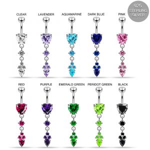925 Sterling Silver CZ Dangling Heart & Teardrop Belly bar