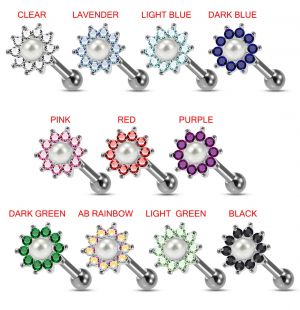 Round Flower and Pearl in Center 925 Sterling Silver Cartilage Tragus Piercing Ear Stud