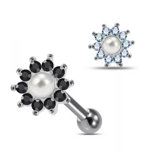 Round Flower and Pearl in Center 925 Sterling Silver Cartilage Tragus Piercing Ear Stud