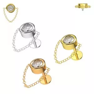 316L Surgical Steel Bezel Setting Jeweled Round CZ Dangling Chain Hidden Helix Flat Back Piercing