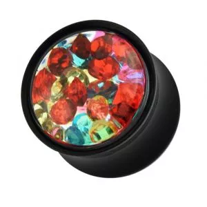 Multi Colored Gems Encased Within a Black Double Flared Ear Plug