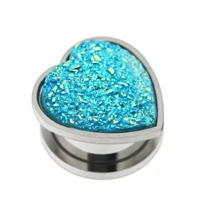 Single Rough Glittering Aqua Heart Surgical Steel Flesh Tunnel