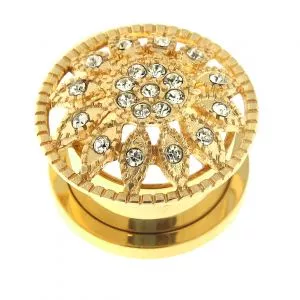 Gold PVD Plated Micro Jeweled Flower Ear Flesh Tunnel