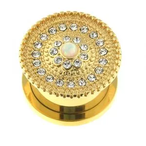 Gold PVD Plated Micro Jeweled CZ with center Opal Stone Ear Flesh Tunnel