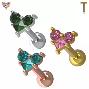 Trinity Heart Jeweled Sterling Silver Cartilage Helix Tragus Piercing Ear Stud