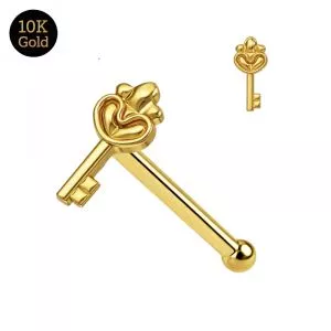 10K Solid Yellow Gold Key Nose Stud 22G – Ball End Nose Pin
