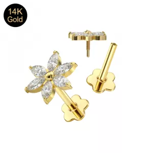 14K Solid Gold Internally Threaded Six Petal Marquise Flower Labret | 16G