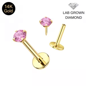 14K Solid Gold Pink Lab Grown Diamond Threadless Push-Fit Labret – 16G | 3mm