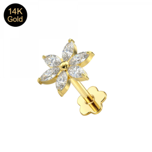 14K Solid Gold Internally Threaded Six Petal Marquise Flower Labret | 16G