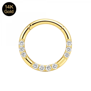 Precision detail of the 1mm clear CZ multi-stone inlay on a 14K solid gold hinged clicker ring