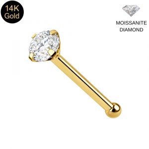 14K Solid Yellow Gold Brilliant Moissanite Diamond Claw-Set Ball end Nose Pin (22G)