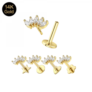14K Solid Gold Internal Thread 5 Marquise CZ Crown Labret – Choice of Backing