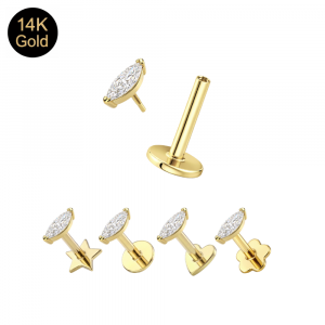 14K Solid Gold Internal Thread Marquise CZ Labret – Choice of Backing