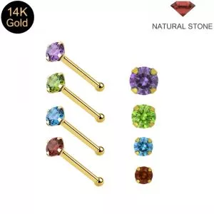 14K Solid Yellow Gold Prism Natural Stone Claw-Set Ball end Nose Pin (22G)