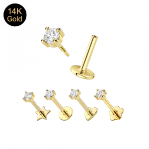 14K Solid Gold Internal Thread 2.5mm Round CZ Labret – Choice of Backing