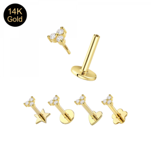 14K Solid Gold Internal Thread Triple Diamond Trinity Labret – Choice of Backing