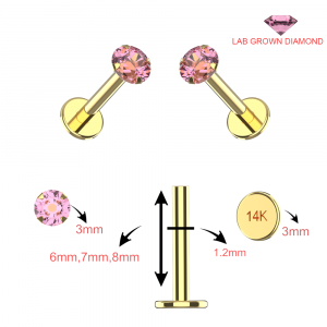 Wholesale 14K Gold Lab Grown Diamond Body Jewelry - Internal threaded Top with Labret - Dimensions