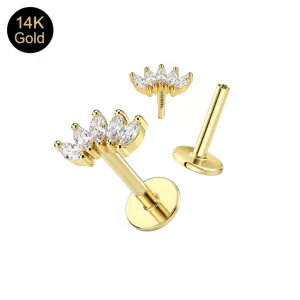 14K Solid Gold Internal Thread 5 Marquise CZ Crown Labret – Choice of Backing