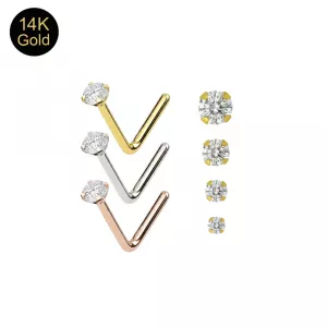 14K Solid Gold Brilliant CZ L-Bend Nose Stud (18G–24G)