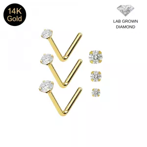 14K Solid Gold Prong-Set Round Lab-Grown Diamond L-Bend Nose Stud (22G)