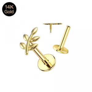 14K Solid Gold Internally Threaded Laurel Leaves Labret Piercing | 16G