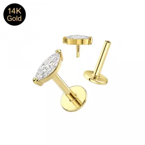 14K Solid Gold Internal Thread Marquise CZ Labret – Choice of Backing