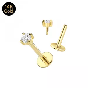 14K Solid Gold Internal Thread 2.5mm Round CZ Labret – Choice of Backing