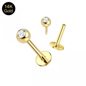 14K solid gold 16G threadless labret set showing the 3mm stone ball top and the post base separately to illustrate the push-pin fit system.