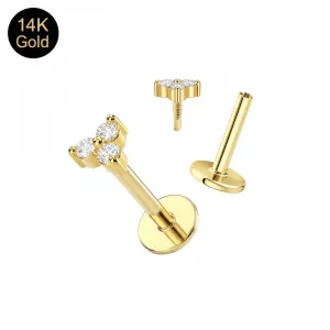 14K Solid Gold Internal Thread Triple Diamond Trinity Labret – Choice of Backing