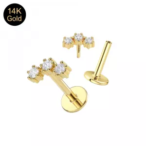 14K Solid Gold Internal Thread Triple Round CZ Cluster Labret – Choice of Backing